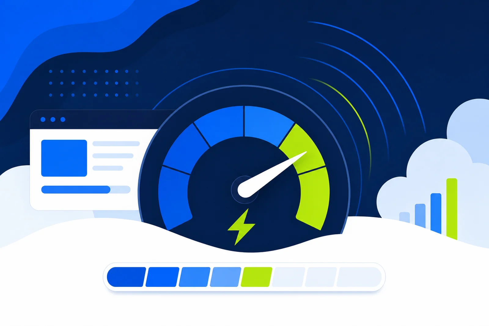 Ilustrasi dashboard kecepatan dengan gauge dan gelombang sinyal berwarna biru elektrik